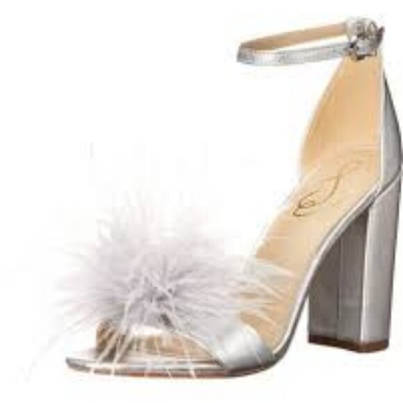 New SAM EDELMAN Yaro Silver Feather & Leather Sandals 4" Block Heel 8.5 - Picture 1 of 9